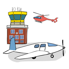 Flugplatz mit Tower, kleinem Flugzeug und Hubschrauber